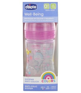 Chicco biberón well-being 150 ml pp rosa silicona flujo lento 0m+